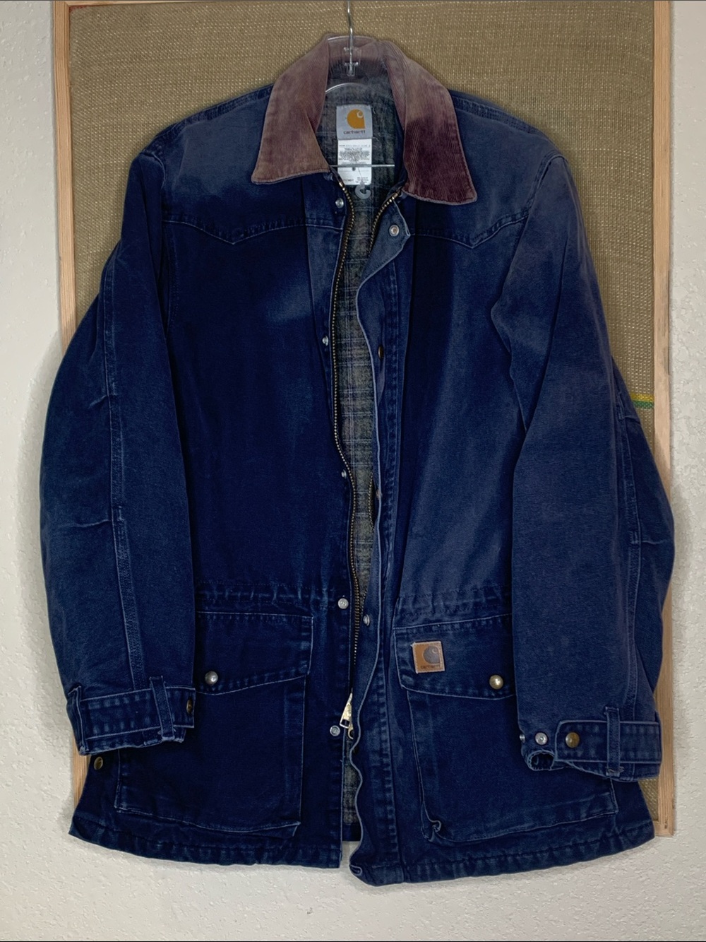 Vintage Carhartt Men's Navy Duck Canvas Field Jacket with Brown Corduroy Collar